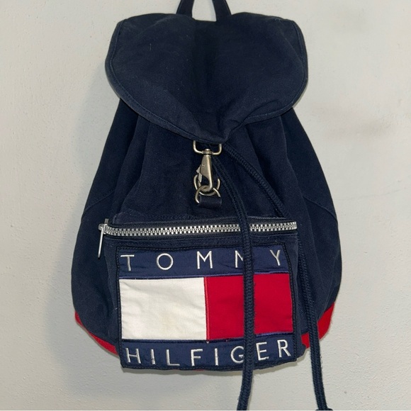 Vintage 1990s Tommy Hilfiger Backpack Nap Sack Tote Bag Big Flag Spell Out Logo - Picture 1 of 6